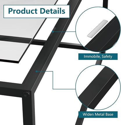 Glass Coffee Table Modern Center Table,Minimalist Coffee Table for Living Room,Tempered Glass-top with Sturdy Metal Frame, Easy Assembly,Black