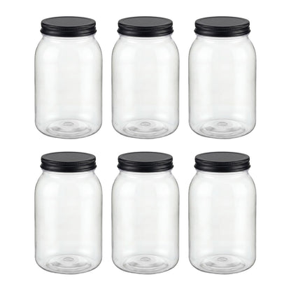 novelinks 32 oz Clear Plastic Jars with Lids, 6 Pack Large Plastic Mason Jars with Lids 32oz, Reusable Quart Containers for Kitchen Organization (6 Pack,Black)