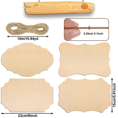 40 Pcs Unfinished Wood Sign Blank, 4 Style Rectangular Wooden Plaques with Hanging Ropes for DIY Painting, Crafts, Home Door Wall Art and Holiday Decor, 9 x 5.91 Inch