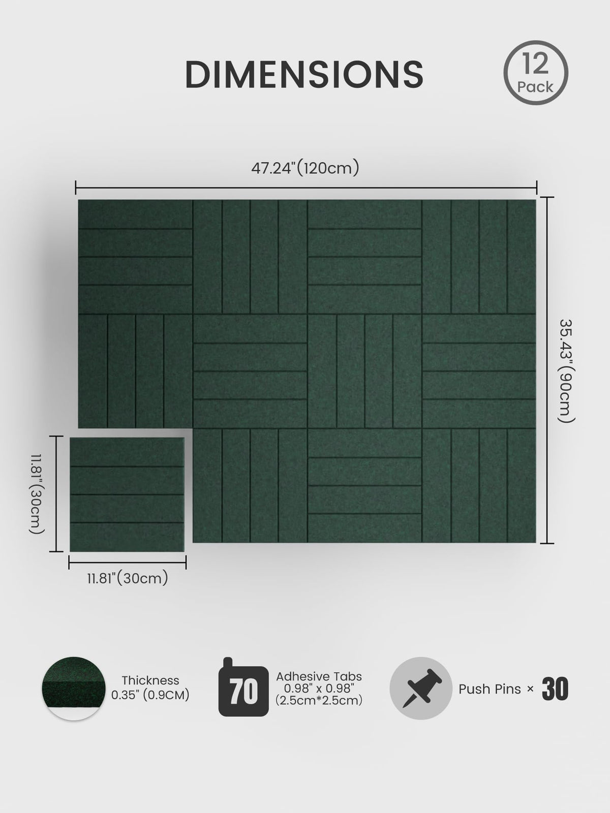 Bumusty Large Cork Board Alternative-48 x 36" Felt Bulletin Board Tiles, with 30 Pushpins, 70 Adhesive Tabs, Bold-Stripe 12-Pack, Cork Boards for Office Push Pin Board Felt Board-Pine Green