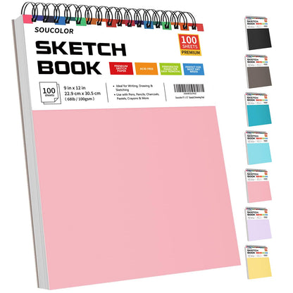 Soucolor Cute Sketchbook 9" x 12" for Women, 1-Pack 100 Sheets Spiral Notebook Drawing Pad, Pastel Art Supplies for Artists, Arts and Crafts Gifts Set for Adults