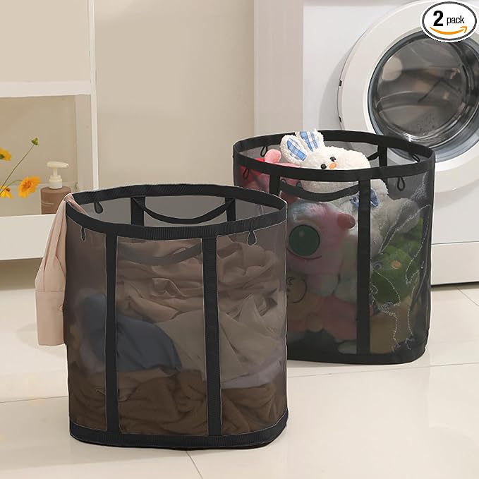 Mesh Bag with Handles, Collapsible Laundry Basket, Foldable Laundry Bag