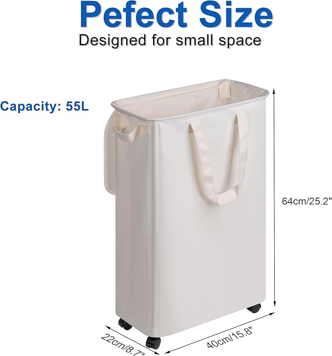 Slim Laundry Hamper with Lid and Wheels, Small Rolling Laundry Basket with
