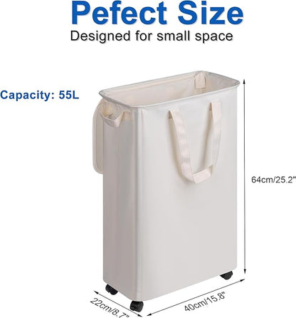 Slim Laundry Hamper with Lid and Wheels, Small Rolling Laundry Basket with