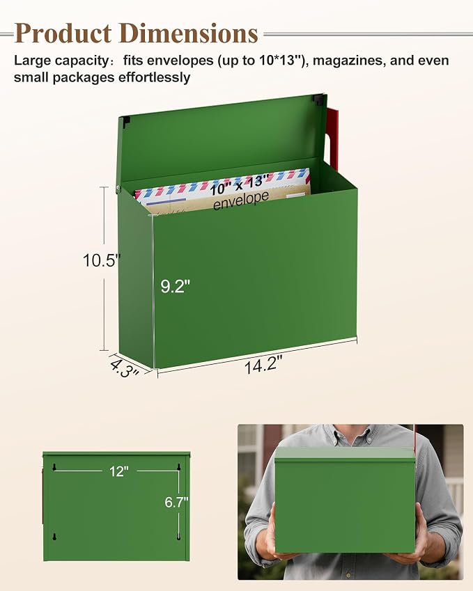 Wall-Mount Mailbox for Outside, Large Capacity Rust-Proof Mail Box with Stay-Open Lid & Red Flag Kit, Galvanized Steel Weather-Resistant Post Box for House Outside, 10.5"x4.3"x14.2", Green