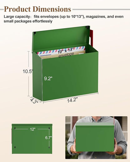 Wall-Mount Mailbox for Outside, Large Capacity Rust-Proof Mail Box with Stay-Open Lid & Red Flag Kit, Galvanized Steel Weather-Resistant Post Box for House Outside, 10.5"x4.3"x14.2", Green