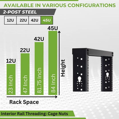 NavePoint 45U 2 Post Open Frame Server Rack for 19 Inch Equipment, AV, Networking, Data & IT Devices, 2-Post Rack 45U 881lbs Weight Capacity, Black