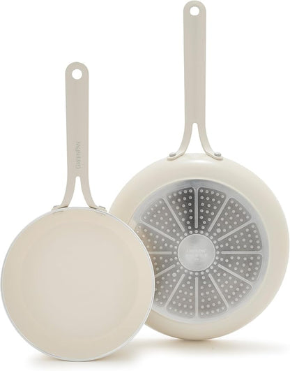 GreenPan Nova 2-Piece Nonstick Frying Pan Set, 8” & 10” Skillets, PFAS-Free Ceramic Cookware, Durable Fast Heating, Induction Ready, Omelet & Eggs, Oven Safe to 600F, Dishwasher Safe, Cream White