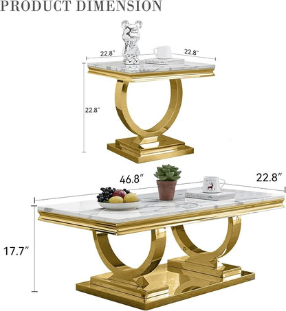 2 Piece Living Room Table Set Include 1 Faux Marble Coffee Table & 1 End Table, Modern White Gold Coffee Table Set of 2 with Double O Shape Stainless Steel Pedestal Base