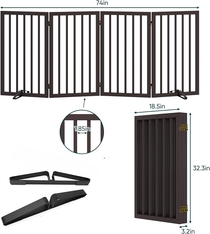 Freestanding Dog Gate Indoor 32“Tall, Foldable Dog Gates for Doorways, 4-Panel Pet Gates for Dogs with with 2 Metal Stands (74" W, Espresso)