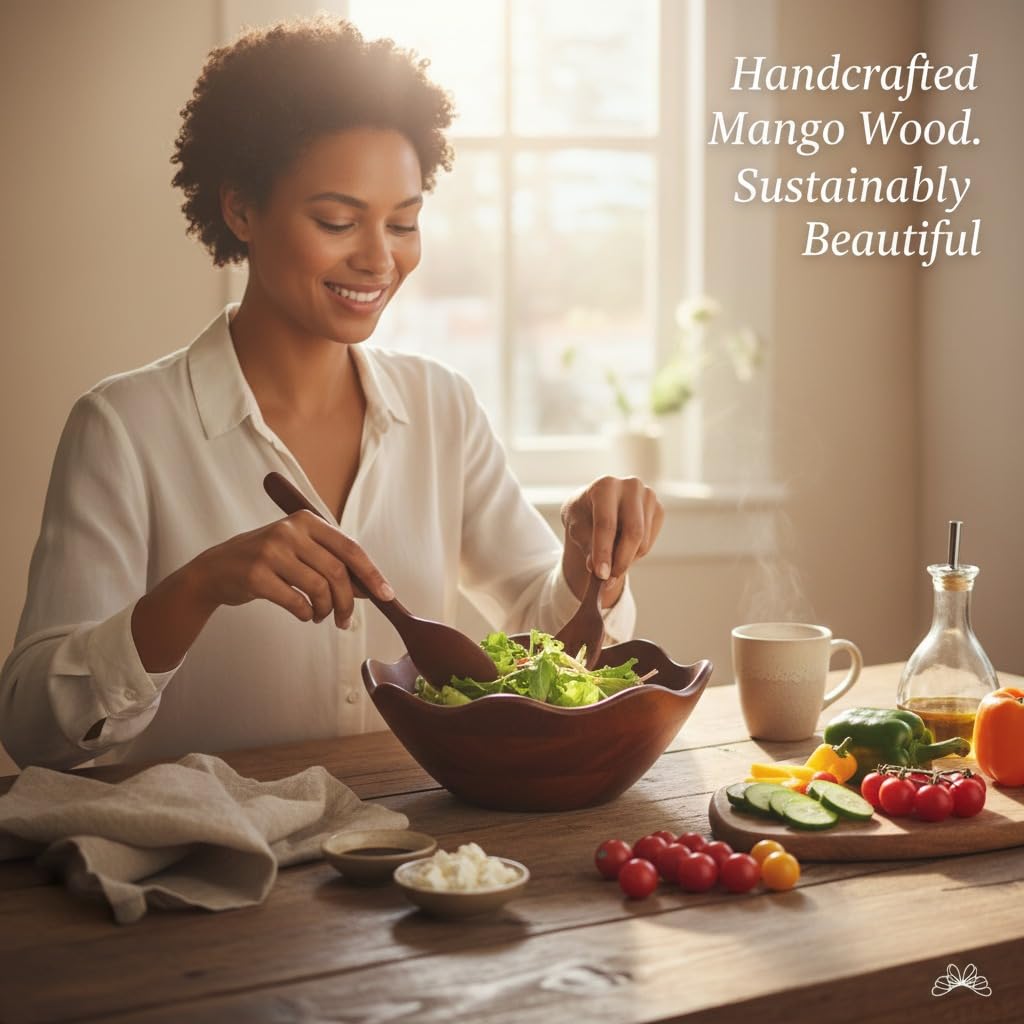 Melvvi Large Wooden Salad Bowl Set – 12" Wood Serving Bowl with 2 Utensils | Mango wood Scratch-Resistant - For Salad, Pasta & Fruits (Walnut Brown)