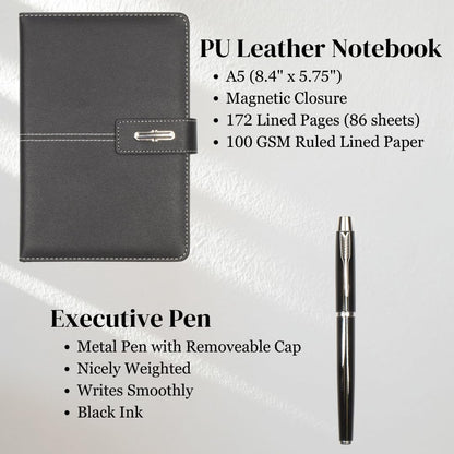 Shadow Breeze A5 Leather Notebook and Executive Pen Gift Set in Premium Gift Box, 172 Pages 100GSM Ruled Pages, Great Gift for Business, School, Home (Black)