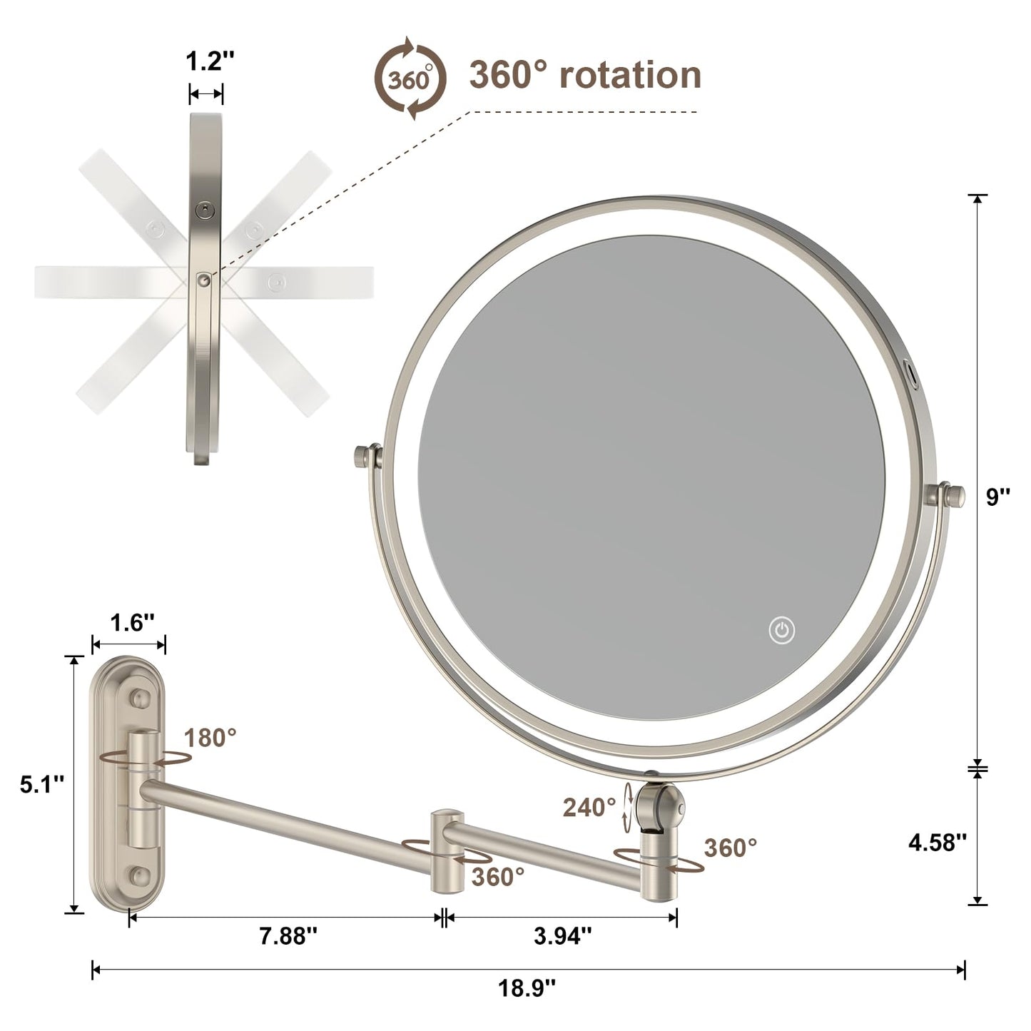 9" Wall Mounted Makeup Lighted Mirror, 4000mAh Rechargeable Double Sided LED Vanity Mirror with Height Adjustable&1X/10X Magnification, 3 Color Lights Touch Screen Dimmable 360°Swivel Bathroom Mirror
