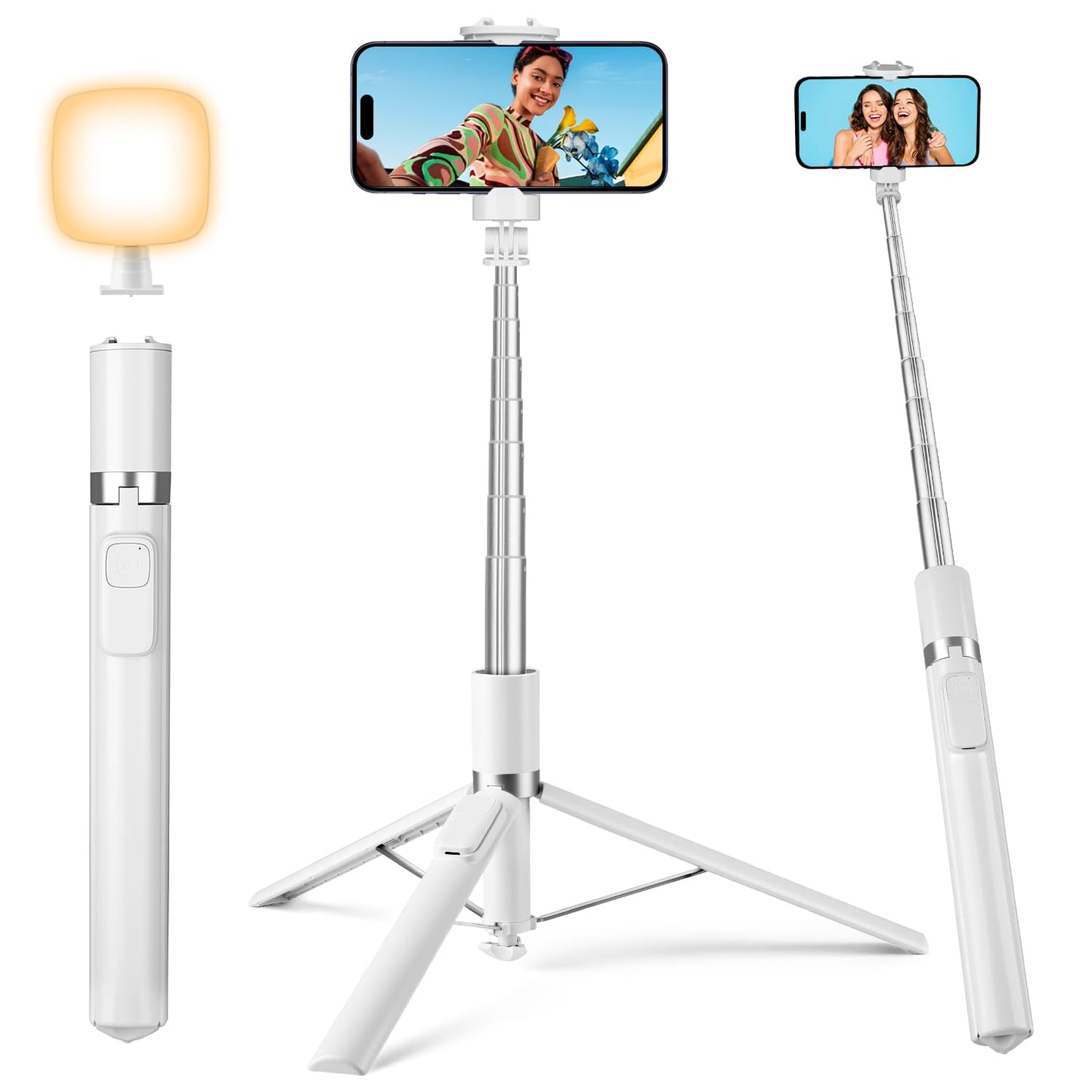 Victiv 68" Phone Tripod, Selfie Stick Tripod with Remote and Fill Light, [Tap-to-Open] iPhone Tripod Stand, Lightweight Cell Phone Stand for Video Recording, Travel, Vlogging, White