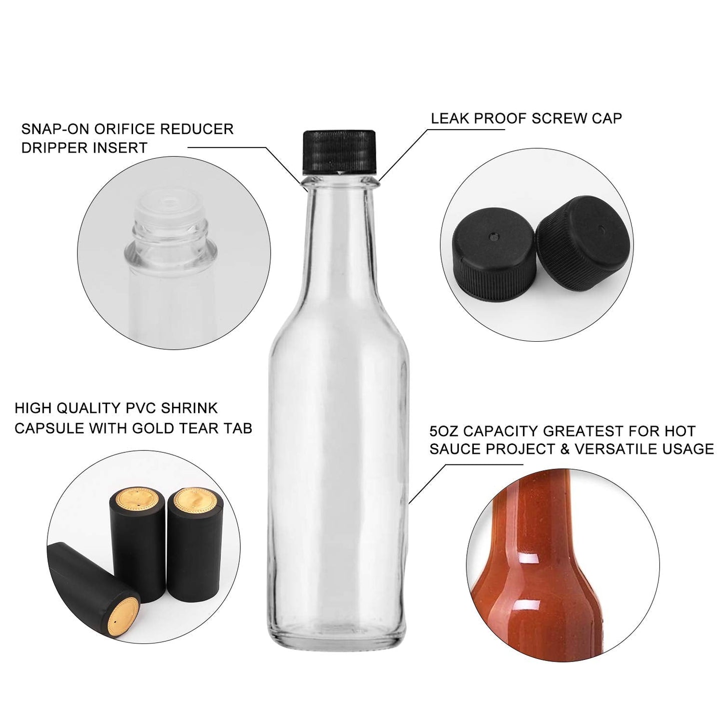 Encheng 35 Pack 5oz Hot Sauce Bottles with Lids,Glass Woozy Bottles with Dripper Inserts and Shrink Capsules,Small Glass Wine Bottle for Homemade Sauces,Oils,Vanilla Extracts,Dressings,Gifting