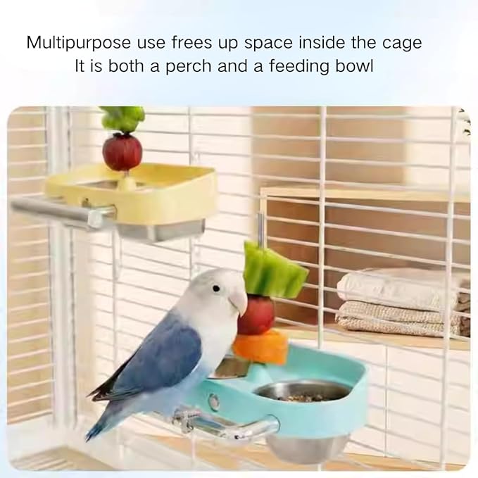Bird Feeder Birds Bowls Stainless Steel Dishes Coop Cups with Fruit Skewer, Parrot Feeding Dish Cups Food Water Bowls with Bird Food Holder for Budgies Lovebirds (Yellow,Square)