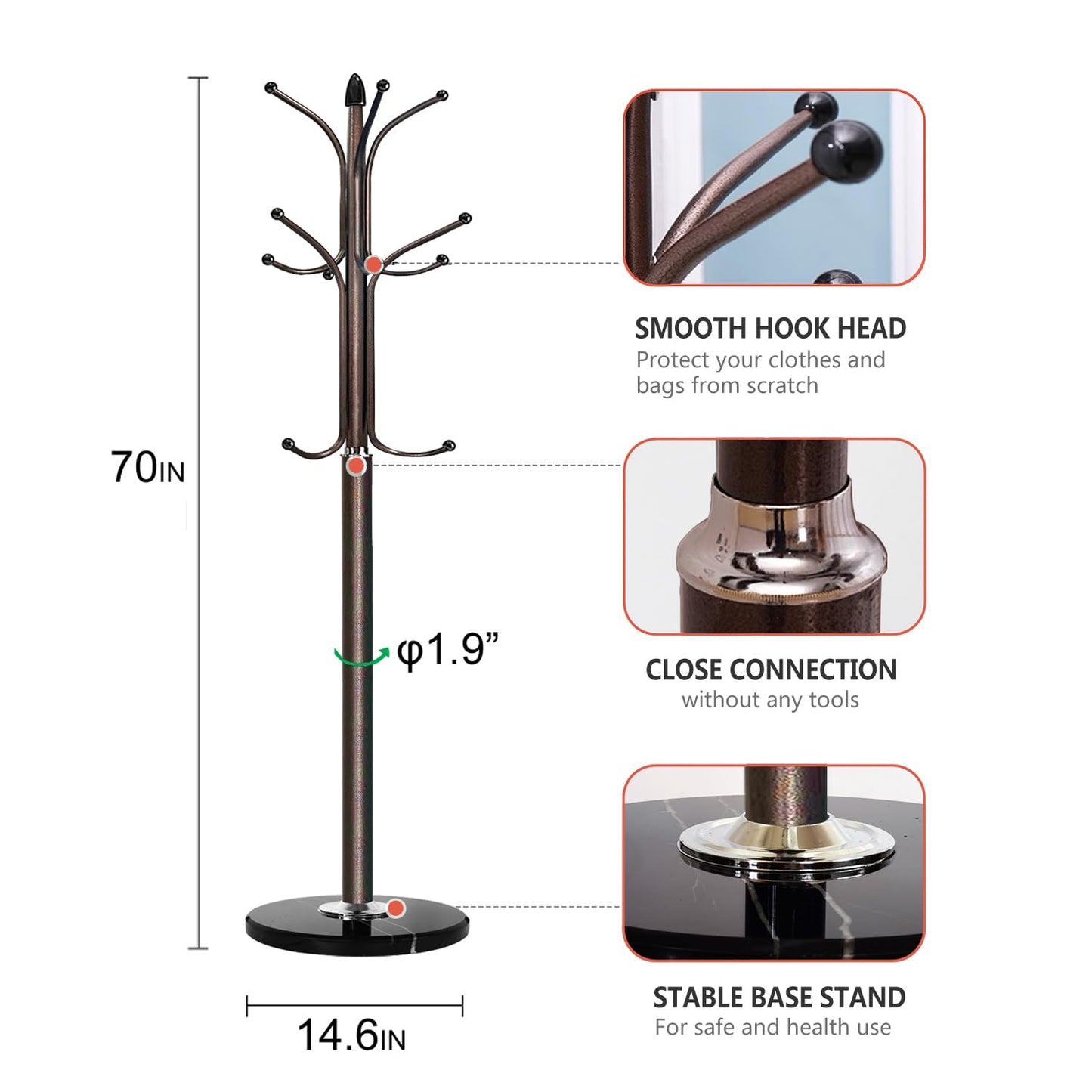 Kertnic Freestanding Coat Rack Stand, Heavy Duty Metal Hall Tree with 12 Hooks, 70 Inch Tall Stable Coat Hanger with 14.6" Natural Marble Base, Entryway Organizer for Coats Bags Hats Purses (Bronze)