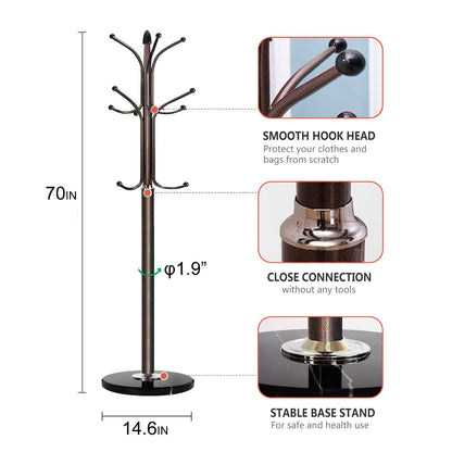 Kertnic Freestanding Coat Rack Stand, Heavy Duty Metal Hall Tree with 12 Hooks, 70 Inch Tall Stable Coat Hanger with 14.6" Natural Marble Base, Entryway Organizer for Coats Bags Hats Purses (Bronze)