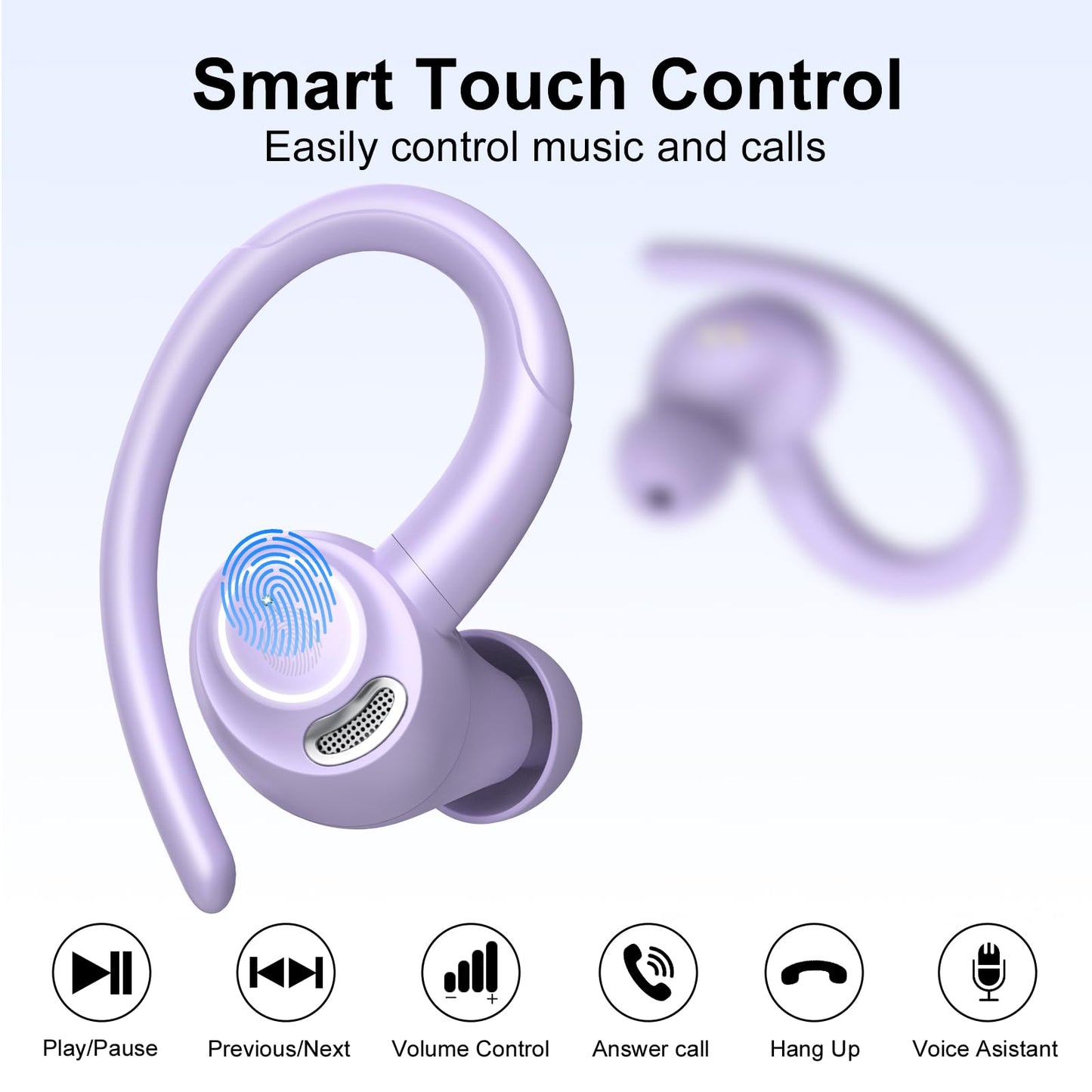 Wireless Earbuds Bluetooth 5.3 Headphones Sports, 48H Over Ear Buds with ENC Mic, Stereo Deep Bass Bluetooth Earbuds with Secure Earhooks, LED Display, IPX7 Waterproof Earphone for Running/Gym Purple