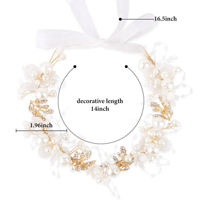 Semato 2 Pcs Flower Girl Headpiece for First Communion Headpiece Princess Tiara Crown with Rhinestone and Pearl Headband Floral Wedding Prom for Girls and Women (Gold)
