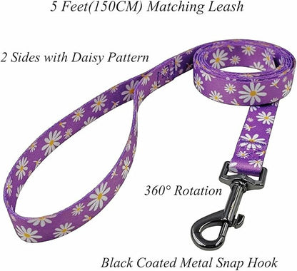 Dog Collar Leash Set, Floral Pattern, Polyester Material, Adjustable Collar and 5ft Matching Leash, for Small Dogs.(S, Purple Daisy)