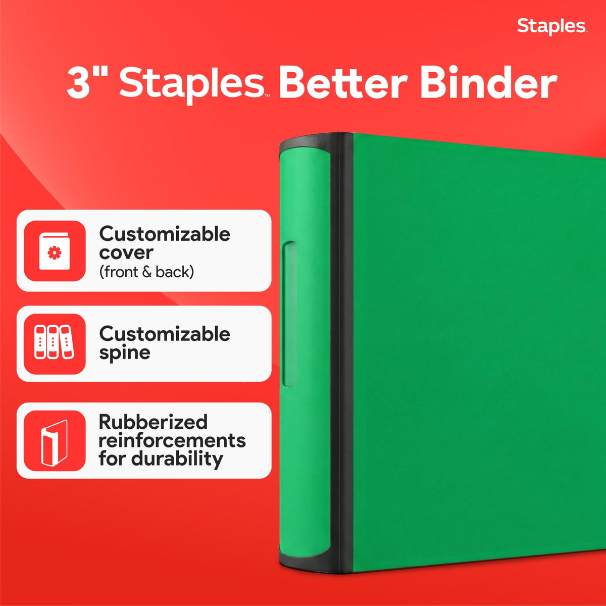 Staples Heavy-Duty 3-Inch D-Ring Binder, Green – Large Capacity 3-Ring Binder with Pockets, Holds Up to 600 Sheets