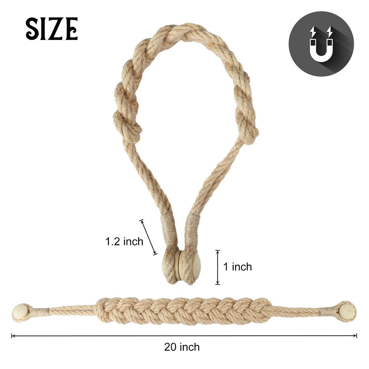 BEL AVENIR Jute Curtain Tiebacks Magnetic Woven Curtain Holdback Drapery Tie-Back (Jute-2Pack)