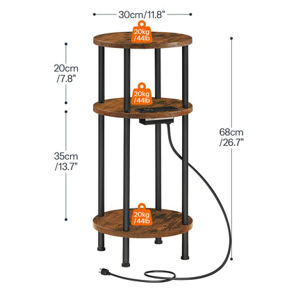HOOBRO Small Round Side Table, 3-Tier Compact Sofa End Table with Charging Station, Circle Bedside Table Nightstand with Storage, for Small Space, Living Room, Bedroom, Rustic Brown BF219UBZ01