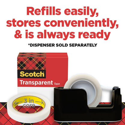 Scotch Transparent Tape, Clear Tape Engineered for Office and Home Use, 3 Inche Core, 1 in x 2592 in, 3 Rolls