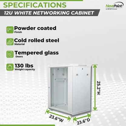 NavePoint 12U Network Cabinet with Glass Door – 12U Wall Mount Server Cabinet White 19” Rack for IT Equipment, AV Devices, Networking Equipment –23” Deep Server Rack Enclosure