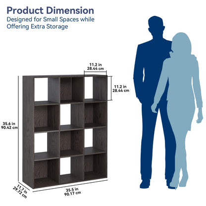 Whitmor 12 Cube Storage Organizer, 4 Tier Stackable Mdf Wood Bookcase, Open Storage Display Bookshelf, Storage Cabinet for Living Room, Bedroom, Home, Office, 35.1"L x 11.7"W x 47.5"H, Espresso