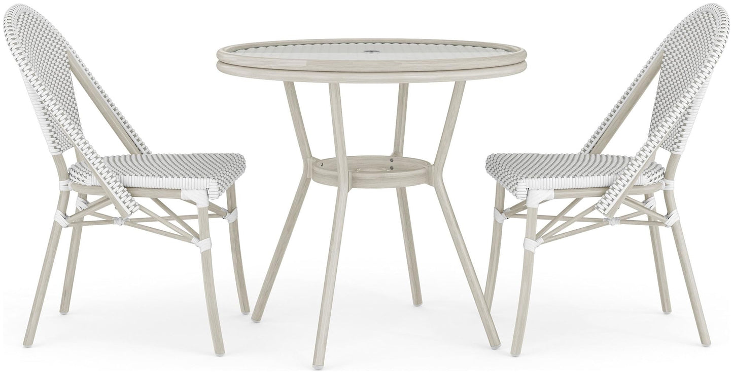 Martha Stewart Lily Pond 31” Round Indoor-Outdoor Bistro Dining Table with Aluminum Frame in Gray Woodgrain and Rattan Top in White/Gray with Tempered Glass Top