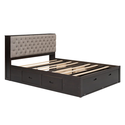 GDFStudio Boden Queen Size Upholstered Headboard, Queen Size Platform Bed with Storage Headboard, Wooden Bed Frame with Shoe Rack and Organizer Drawer, Ample Storage Shelves and 4 Drawers, Espresso