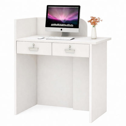 Small Reception Desk with Drawer, Compact Front Counter for Studio, Salon, Spa, Boutique — Modern Minimalist Check-in Table with Smooth Edge, Welcome Desk for Small Space (White, 23.6 in)