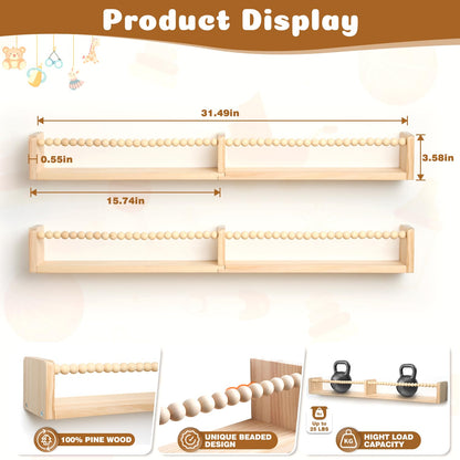 HiMummy 32 Inch Floating Shelf with Wooden Bead Design - Solid Pine Wall Mounted Bookshelf, Child-Safe Nursery Storage for Kids Room Decor, Set of 3(Pre-Strung Bead Strings)