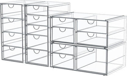 caktraie Makeup Organizer Storage With 16 Drawers, 4 Pcs Desktop Office Supplies, Desk Organizers, Clear Accessories, Dustproof Storage Drawer and for Make Up, Jewelry, Pen, Stationary