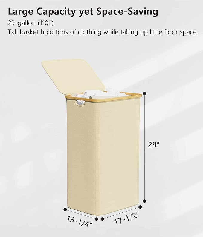 SUOCO Laundry Hamper with Lid, 29 Gal Clothes Basket with Bamboo Handles