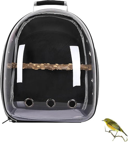 Bird Carrier Backpack with Wood Perch, Transparent Bird Travel Cage, Portable Pet Carrier Backpack, Breathable Hangbag for Vet Transport Camping Hiking (Black)