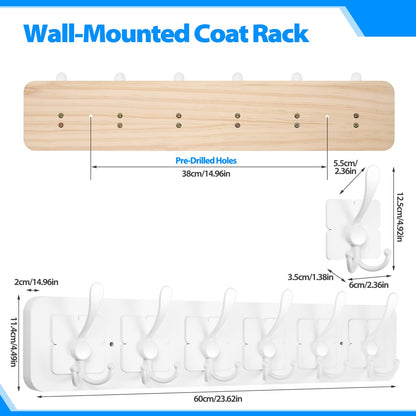 VIEBSOTG Solid Pine Wooden Wall-Mounted Coat Rack - Rustic Entryway Organizer with 6 Zinc Alloy Hooks, Space Saving Wall Coat Hanger for Jackets, Hats, Bags, Towels & Robes (White, 6 Triple Hooks)