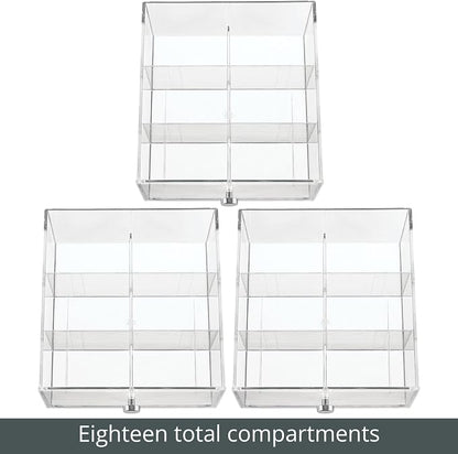 mDesign Plastic Wide Kitchen Pantry, Cabinet, Countertop Organizer Storage Station, 3 Drawers for Coffee, Tea, Sugar Packets, Sweeteners, Creamers, Drink Pods, Packets; 18 Sections, Dark Gray/Clear