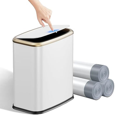 2.1 Gallon Bathroom Trash Can with Lid Press Top, 8 Liter Stainless Steel Garbage Can with Press Type Lid, Slim Trash Bin Waste Basket for Toilet, Office, Bedroom, Living Room (White)