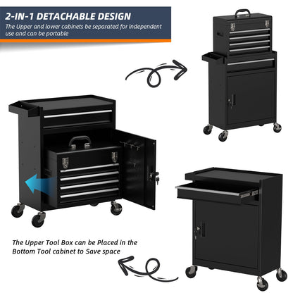 Granper 5-Drawer High Capacity Rolling Tool Box, Removable Cabinet Storage Tool Chest with Wheels and Drawers, Detachable Toolbox with Lock for Mechanics Garage Workshop and Tool Room (Black)