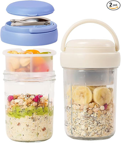 UWILLION Overnight Oats Containers with Handles, 16 oz Glass Mason Jars with Lids, Folding Spoons & Topping Compartments, Yogurt Parfait Cups for Meal Prep, Chia Pudding, Breakfast to Go, 2 Pack