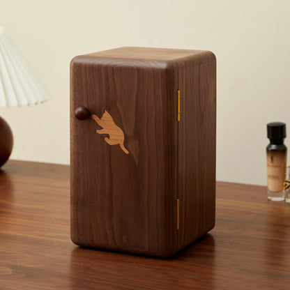 THFLSTR Black Walnut Solid Wood Cabinet Jewelry Box for Women, Large Velvet Lined Organizer with 6 Drawers, Cherry Wood Cat Inlays, Rosewood Handles, Gift for Her