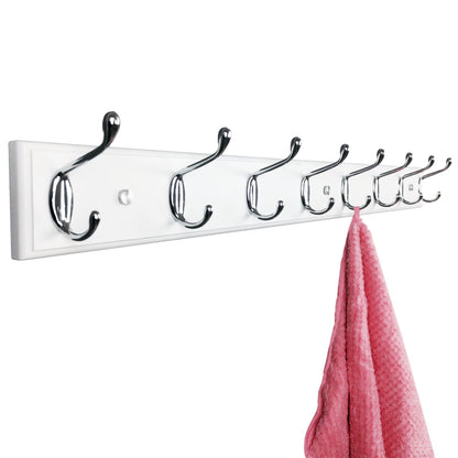 lomejii Wooden Wall Mounted Coat Rack – 31 Inch, White with 8 Silver Hooks for Entryway, Hallway, Bedroom