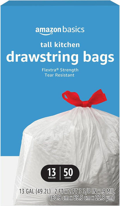 Amazon Basics Flextra Tall Kitchen Drawstring Trash Bags, 13 Gallon,