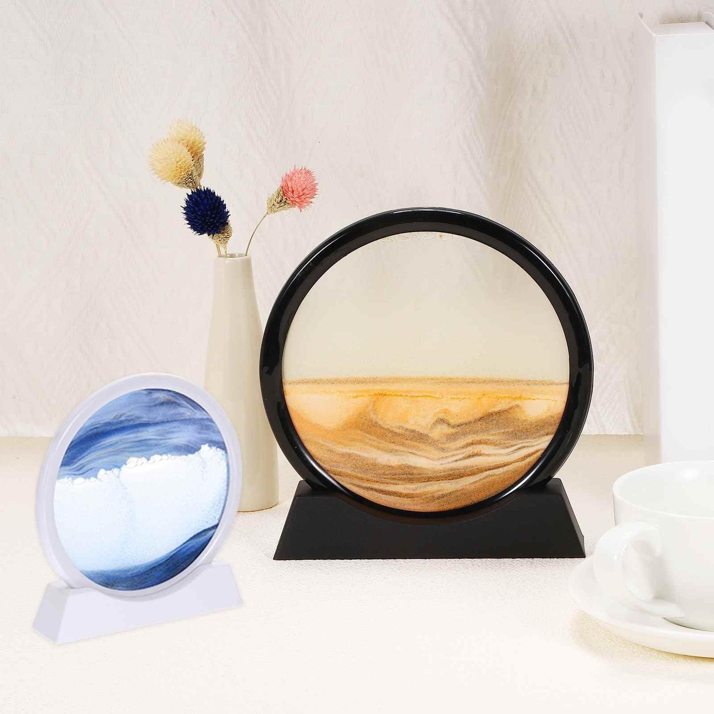 HEARTOOL Moving Sand Art Picture 12" Round Tempered Glass 3D Liquid Motion Deep Sea Flowing Sand Scene with Display Frame Perfect for Desktop & Office & Work Decoration (Black)