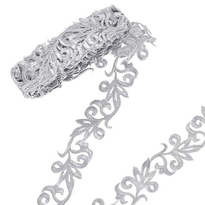 NBEADS About 4.37 Yards(4m) Silver Embroidery Polyester Ribbons, 1.38" Wide Metallic Lace Trim Iron on Metallic Flower Lace for Sewing Costumes Gowns Home Decor Garment Accessories, Thick:1.5mm