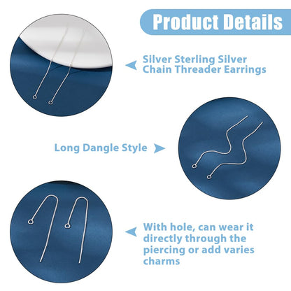 Hobbspring 2 Pairs Silver Chain Threader Earrings 925 Sterling Silver Tassel Chain Earrings 8cm Pull Through Threaded Long Chain Drop Tassel with Loop for Women DIY Earring Making