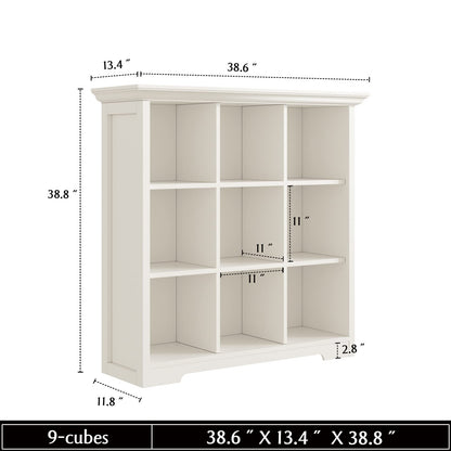 OSCHF Wooden Cube Shelf Bookcase - Modern 3 Tiers Floorstanding Open Bookshelf with Base for Home and Office, 9 Cubes Storage Cabinet, Warm White